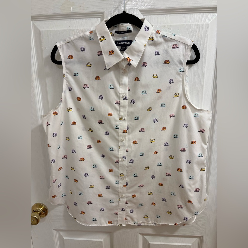Lands' End women's white sleeveless blouse,  colorful camper van pattern.